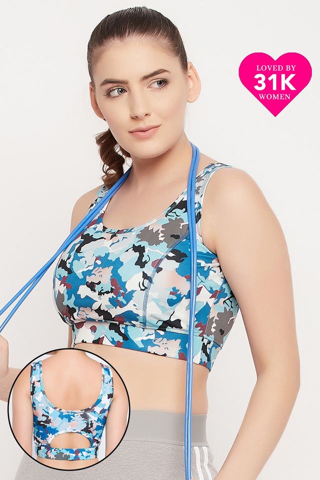 Clovia Medium Impact Padded Camouflage Print Sports Bra | Blue | M