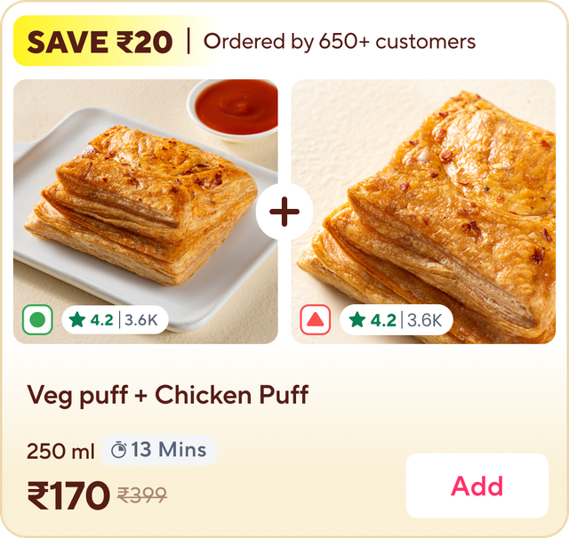 Veg Puff (1pc) & Chicken Puff (1pc) Combo  