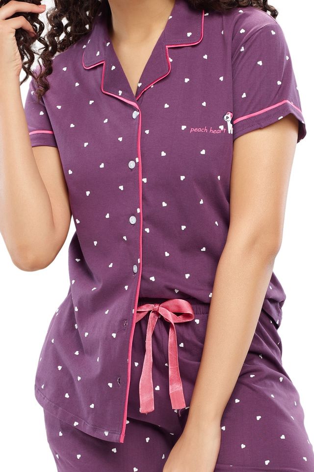 Zeyo Women's Cotton Heart Printed Stylish Night Suit Set of Shirt & Pyjama | 5612 Purple-XL
