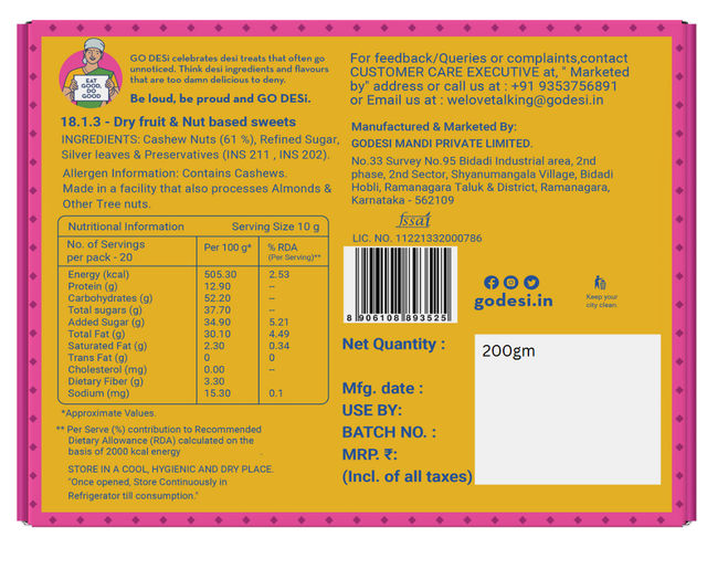 Premium Kaju Katli, 61% Cashew | Burfi | Kaju Katri | Sweets by GO DESi