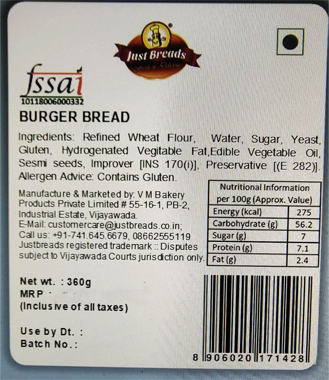 Just Breads Burger Buns (Pack Of 4 Buns)