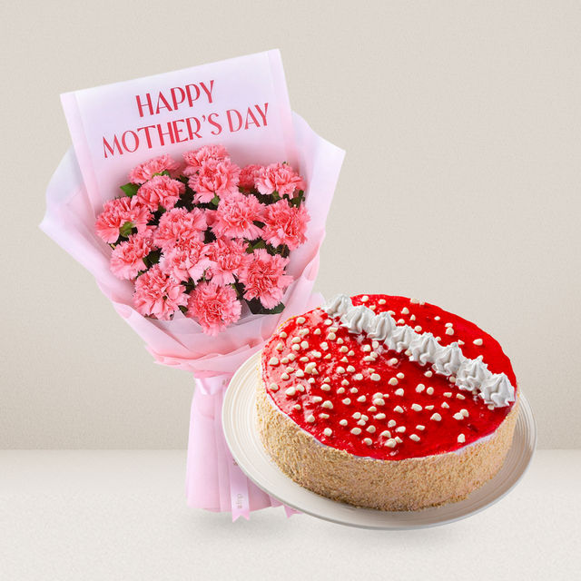 Fnp Mother'S Day 10 Carnation Bouquet (1pc) & Strawberry Mousse Cake (1pc) Combo