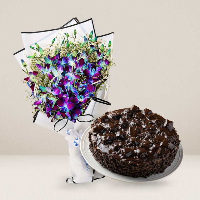 Floweraura Orchids In White Paper (1pc) & Chocolate Mousse Cake (1pc) Combo
