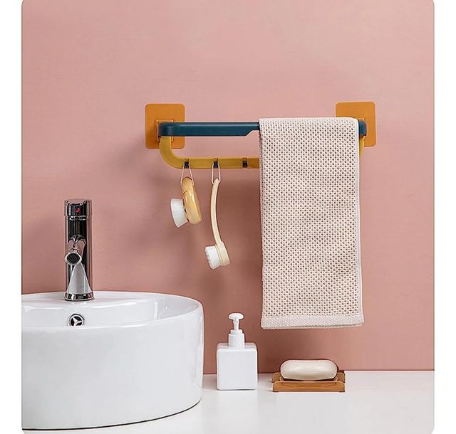 Clazkit Wall Mounted Double Bar Towel Holder With Hooks For Kitchen/Bathroom Pack Of 1