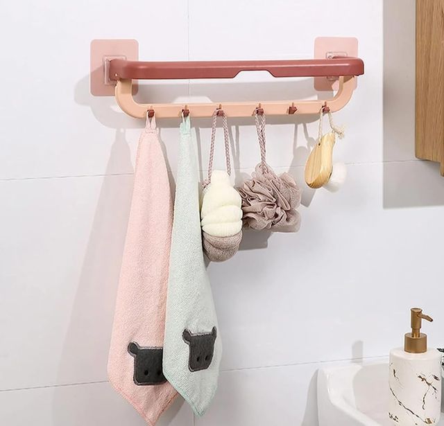 Clazkit Wall Mounted Double Bar Towel Holder With Hooks For Kitchen/Bathroom Pack Of 1