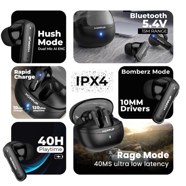 Hoppup Airdoze F50 Earbuds With 40H Playtime, 40Ms Low Latency, Ai Enc(Stealth Black,True Wireless)