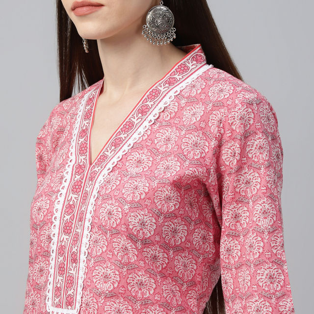 Libas Women Peach Floral Straight Cotton Kurta With Palazzo And Floral Dupatta - 35721XL