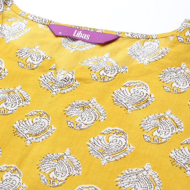 Libas Women Mustard Cotton Floral Kurti With Cotton Pyjamas - 50176S