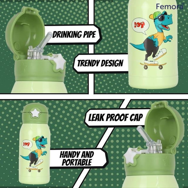 Femora Dino Thermosteel Double Wall Vacuum Kids Water Bottle With Bag Hot & Cold Green 550 Ml
