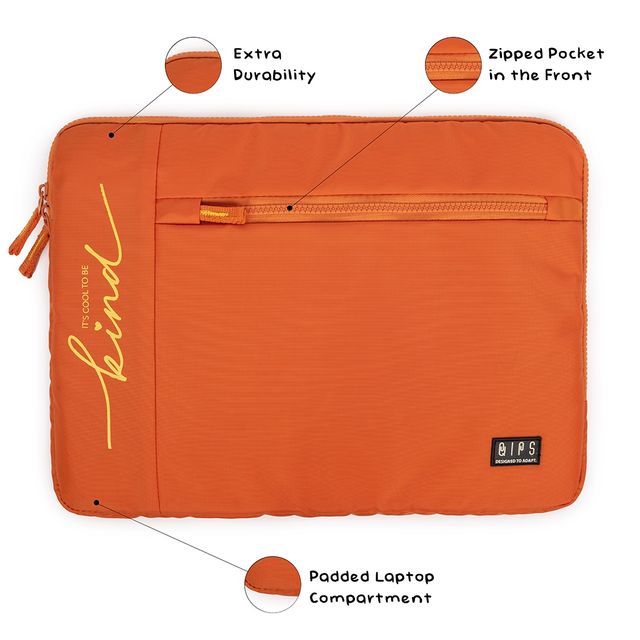 QIPS Unisex Solid PU Coated Polyester 15.6 L Laptop Sleeve | Orange - 15 Inches