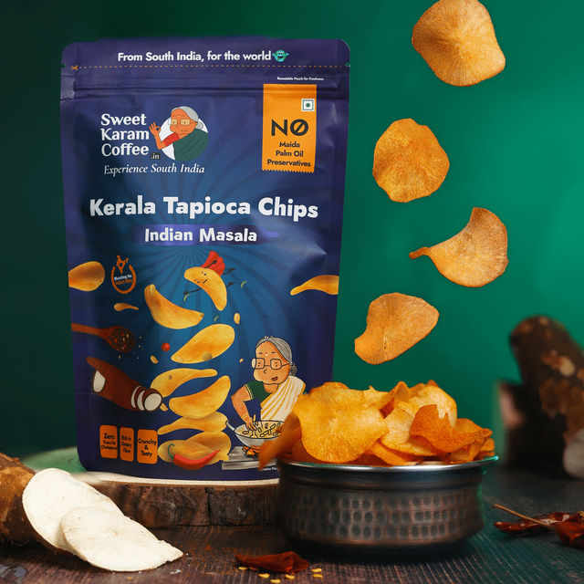 Sweet Karam Coffee Indian Masala Tapioca Chips 65.0 Gram(65gms) & Sweet Karam Coffee Garlic Murukku Sticks 95.0 Gram(95gms) Combo