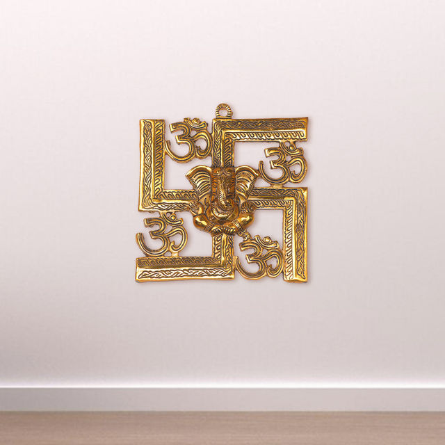 Devnidhii Ganesh Ji on Swastik and Om Wall Hanging in Gold Polish