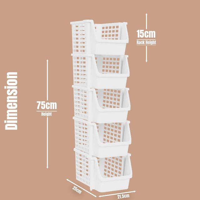 Tex-Ro White Large 5 Layer Plastic Stackable Kitchen Rack &Multi-Purpose Free Standing Cabinet