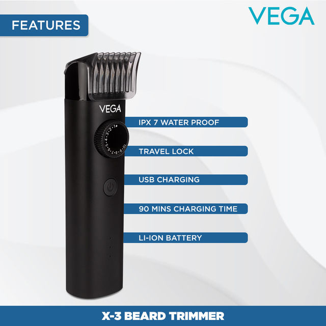 VEGA Men X3 Beard Trimmer For Men With Quick Charge, 90 Mins Run-Time, Waterproof, For Cord & Cordless Use And 40 Length Settings, (Vhth-24)