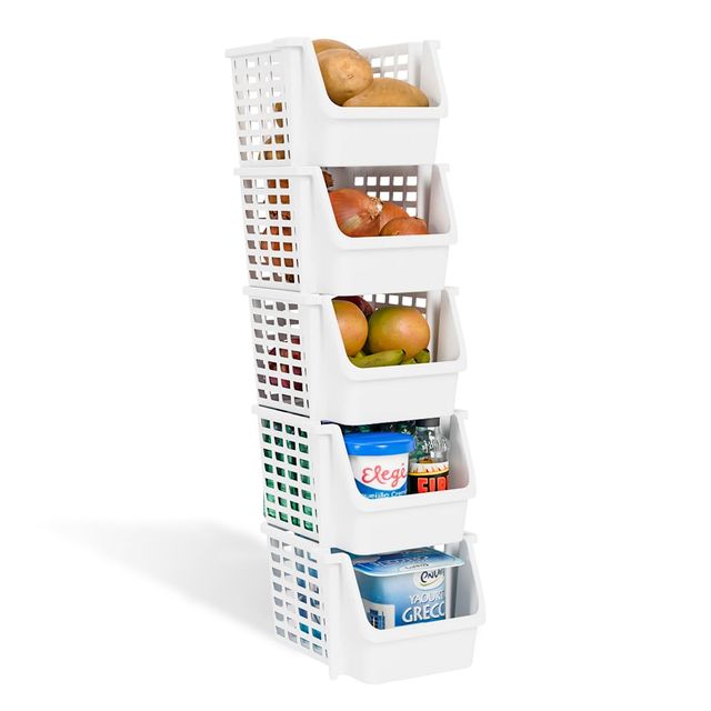 Tex-Ro White Large 5 Layer Plastic Stackable Kitchen Rack &Multi-Purpose Free Standing Cabinet