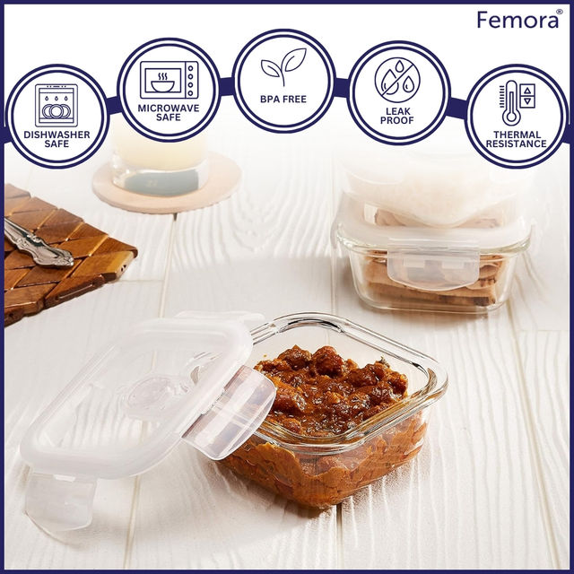 Femora Borosilicate Glass Microwave Safe Square Food Storage Container With Air Vent Lid 500Ml