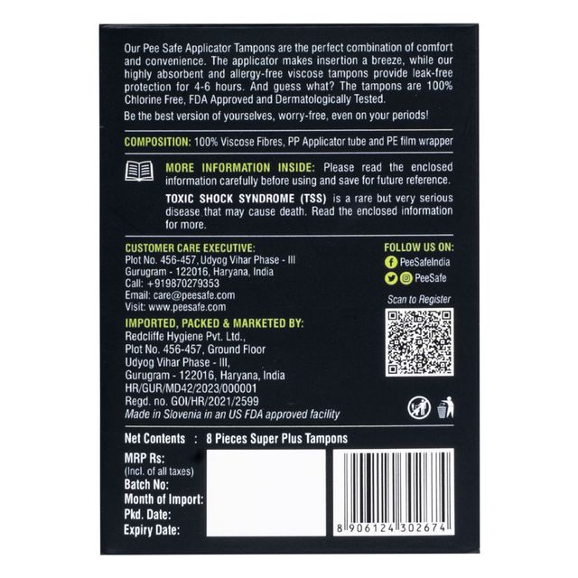 Pee Safe Applicator Tampons Super Plus - Pack Of 8