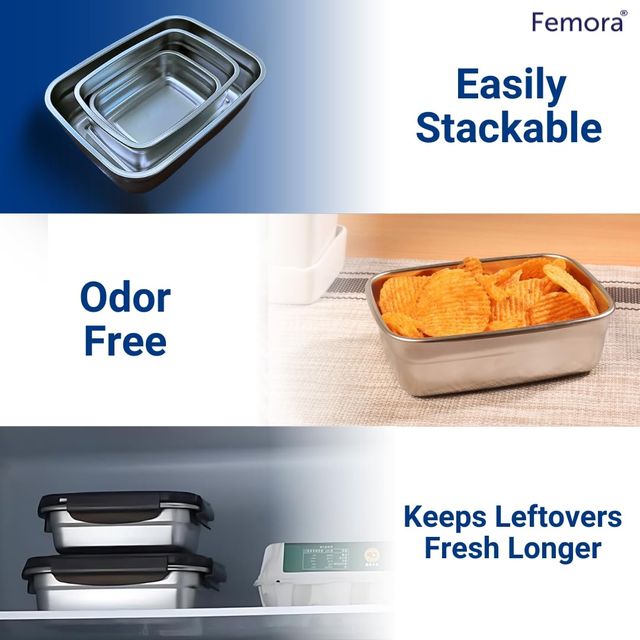Femora High Stainless Steel Rectangular Container Leakproof Airtight Lid 550 Ml - Silver