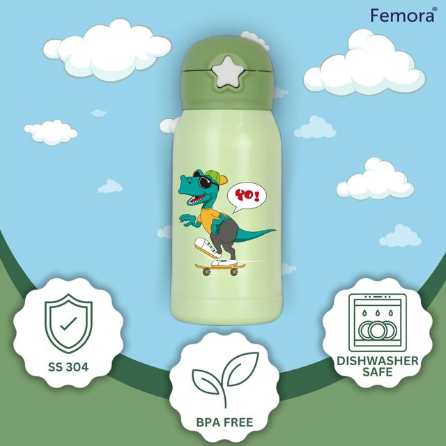 Femora Dino Thermosteel Double Wall Vacuum Kids Water Bottle With Bag Hot & Cold Green 550 Ml