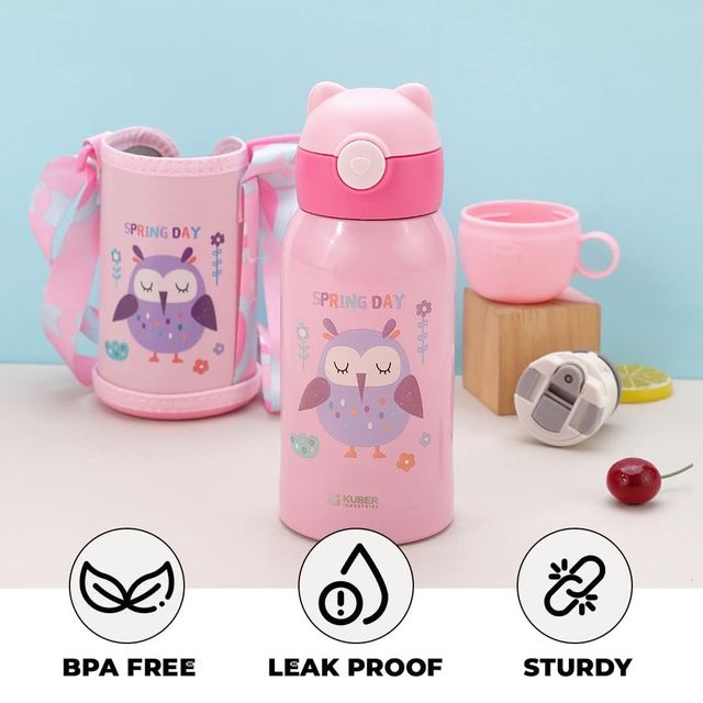 Kuber Industries Water Bottle for Kids, Food Grade Plastic Lid, Broad Fabric Strap, Leak Proof