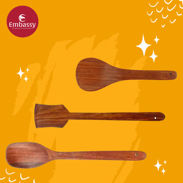 Embassy Wooden Spoon Set (Spatula, Rice, Long Serving Spoon) - For Dosa, Serving Rice, Dal, Gravy