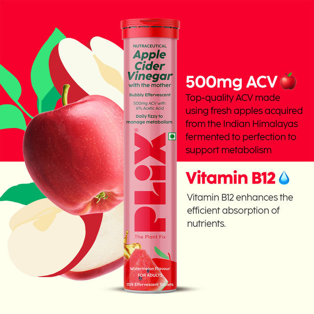 Plix Apple Cider Vinegar Effervescent for Weight Loss (Juicy Watermelon) - Pack Of 1 15 pc X 4 Combo
