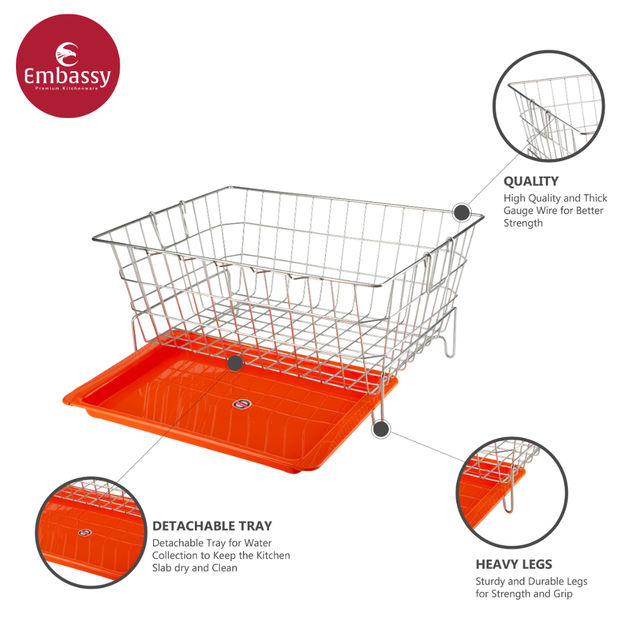 Embassy Premium Dish Drainer Rack With Drip Tray / Utensils Basket | 53x42x25 cm, Stainless Steel