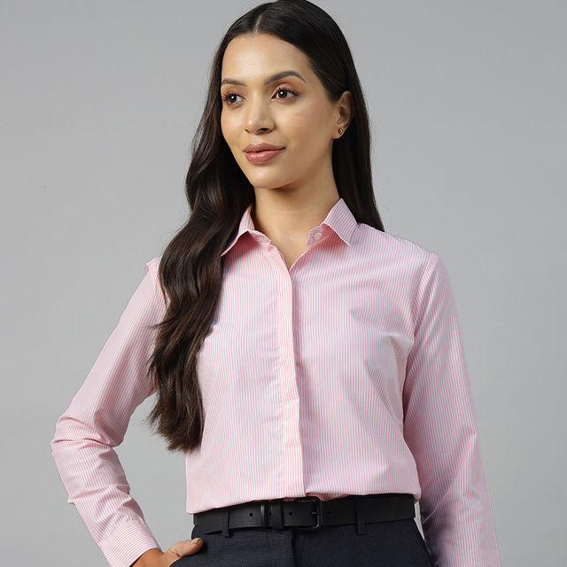 English Navy Women's Pin Striped Regular Fit Cotton Blend Formal Shirt | White & Pink - S