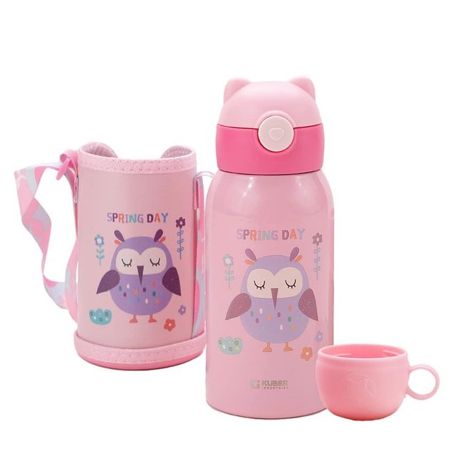 Kuber Industries Water Bottle for Kids, Food Grade Plastic Lid, Broad Fabric Strap, Leak Proof