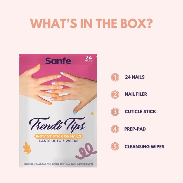 Sanfe Instant Stick On Nails - Solid Almond 24 Reusable Artificial Fake Nail, Salon Look