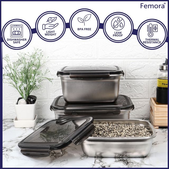 Femora High Stainless Steel Rectangular Container Leakproof Airtight Lid 550 Ml - Silver