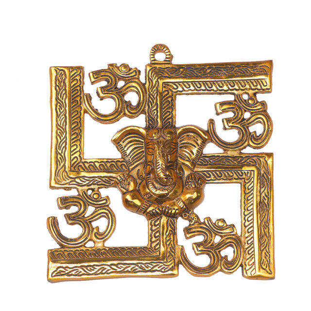 Devnidhii Ganesh Ji on Swastik and Om Wall Hanging in Gold Polish