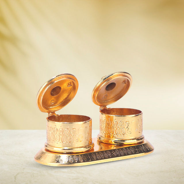 Devnidhii Kumkum/ Sindoor Box Double Round Dibbi in Gold Polish