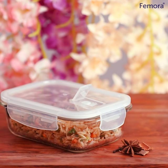 Femora Borosilicate Rectangularglass Food Storage Container With Air Vent Lid- 620Ml - Blue