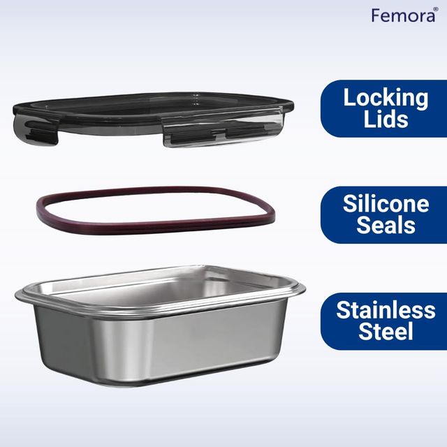Femora High Stainless Steel Rectangular Container Leakproof Airtight Lid 550 Ml - Silver