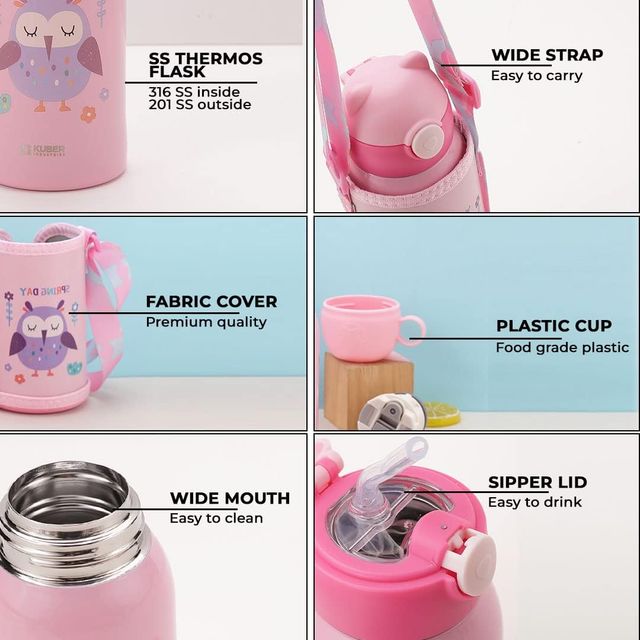 Kuber Industries Water Bottle for Kids, Food Grade Plastic Lid, Broad Fabric Strap, Leak Proof