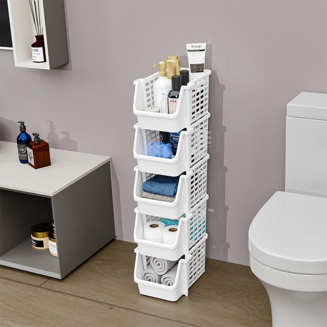 Tex-Ro White Large 5 Layer Plastic Stackable Kitchen Rack &Multi-Purpose Free Standing Cabinet