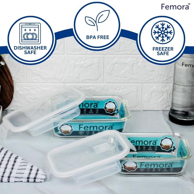 Femora Borosilicate Rectangularglass Food Storage Container With Air Vent Lid- 620Ml - Blue