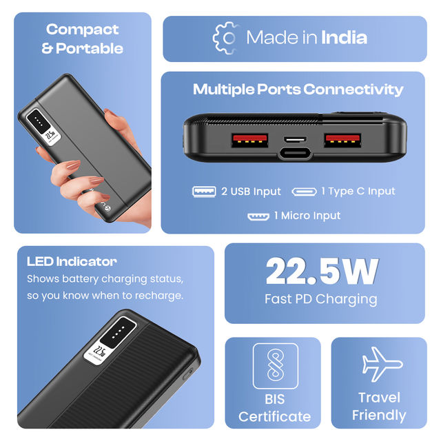 Lapcare Blaze 10000mAh Power bank | Dual USB Port + PD 22.5w Fast Charging Type-c