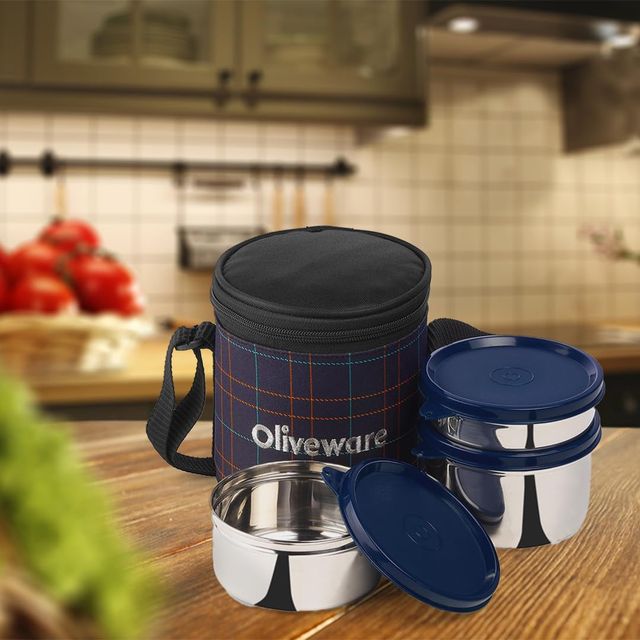 Oliveware Bliss Lunch Box, 3 Stainless Steel & Leak Proof Containers BPA Free Airtight Lids - Blue