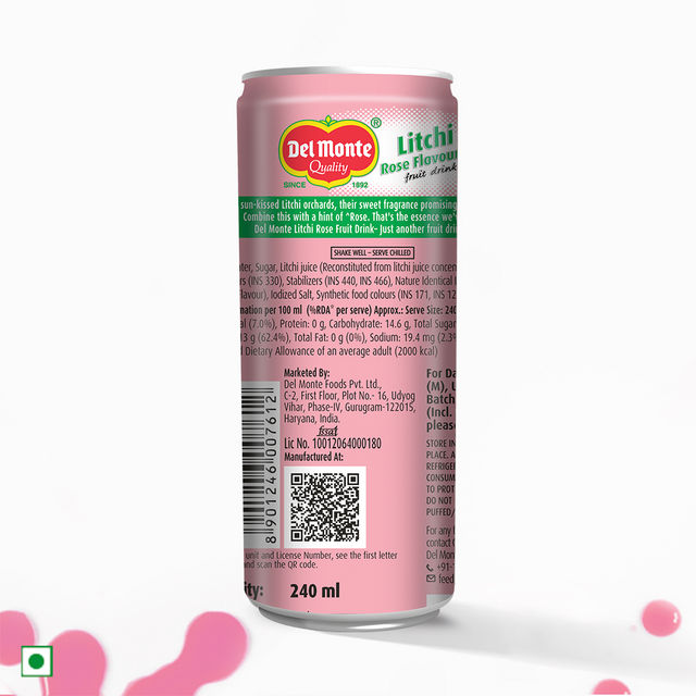 Del Monte Litchi Rose Drink  Juicy Litchis, Subtle Rose, the Perfect Mixer for Cocktails & Mocktails