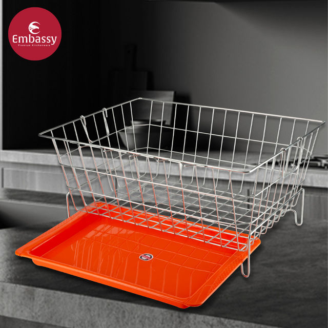Embassy Premium Dish Drainer Rack With Drip Tray / Utensils Basket | 53x42x25 cm, Stainless Steel