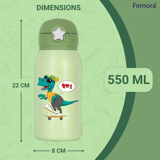 Femora Dino Thermosteel Double Wall Vacuum Kids Water Bottle With Bag Hot & Cold Green 550 Ml