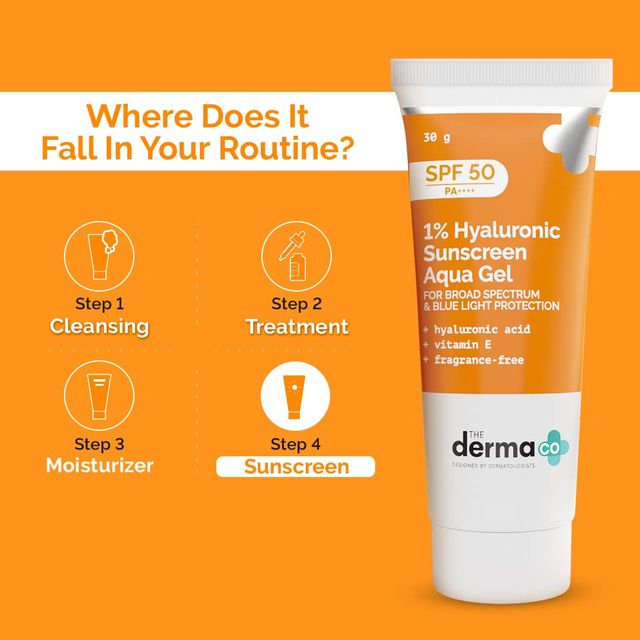 The Derma Co 1% Hyaluronic Sunscreen SPF 50 Aqua Gel, PA++++, Lightweight, No Whitecast