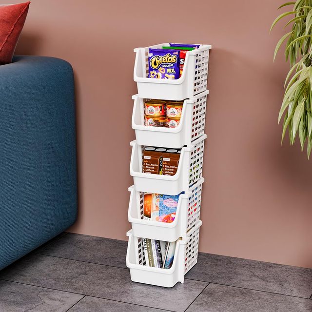 Tex-Ro White Large 5 Layer Plastic Stackable Kitchen Rack &Multi-Purpose Free Standing Cabinet