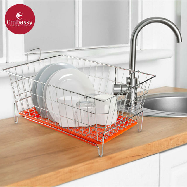 Embassy Premium Dish Drainer Rack With Drip Tray / Utensils Basket | 53x42x25 cm, Stainless Steel