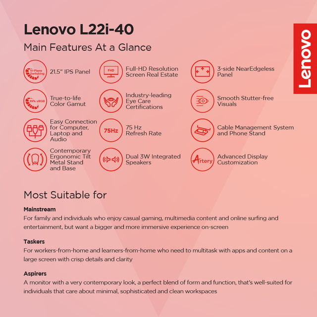 Lenovo L22i-40 21.45 inch FHD IPS Ultraslim Monitor, 2x3W Speakers, 99%sRGB,HDMI, Cloud Grey