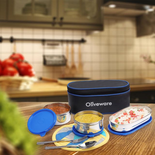 Oliveware Sophia Lunch Box, 3 Stainless Steel Container with BPA Free Lids and Steel Cutlery- Blue