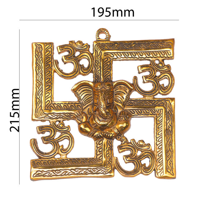 Devnidhii Ganesh Ji on Swastik and Om Wall Hanging in Gold Polish