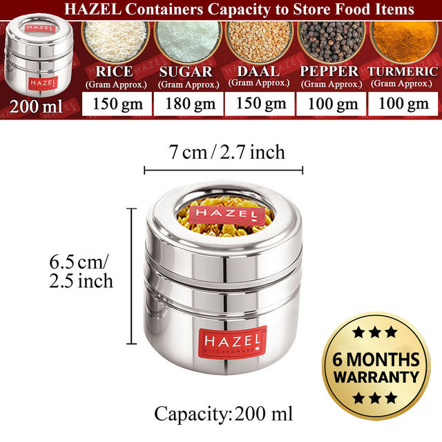 HAZEL Steel Small Container for Spices - 200 ml Set of 2 | Transparent Lid Storage